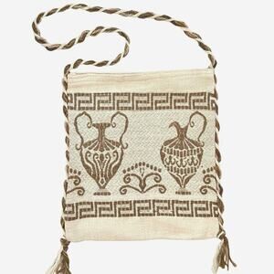 Handmade Woven Greek Tote -Tan, Brown Bohemian Embroidered Knit Shoulder Bag